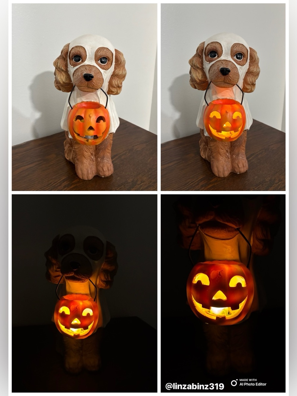 Halloween Puppy Figurine Costume with Orange Pumpkin Pail